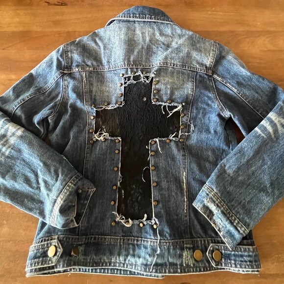 Rehab Denim Jean Jacket Punk Rock Lace Cross On Back Womens Small - Picture 6 of 8